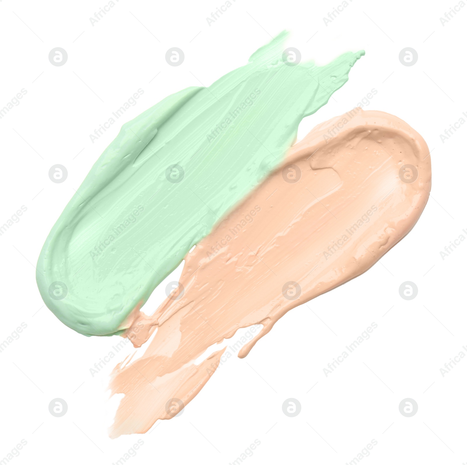 Photo of Samples of color correcting concealers isolated on white, top view