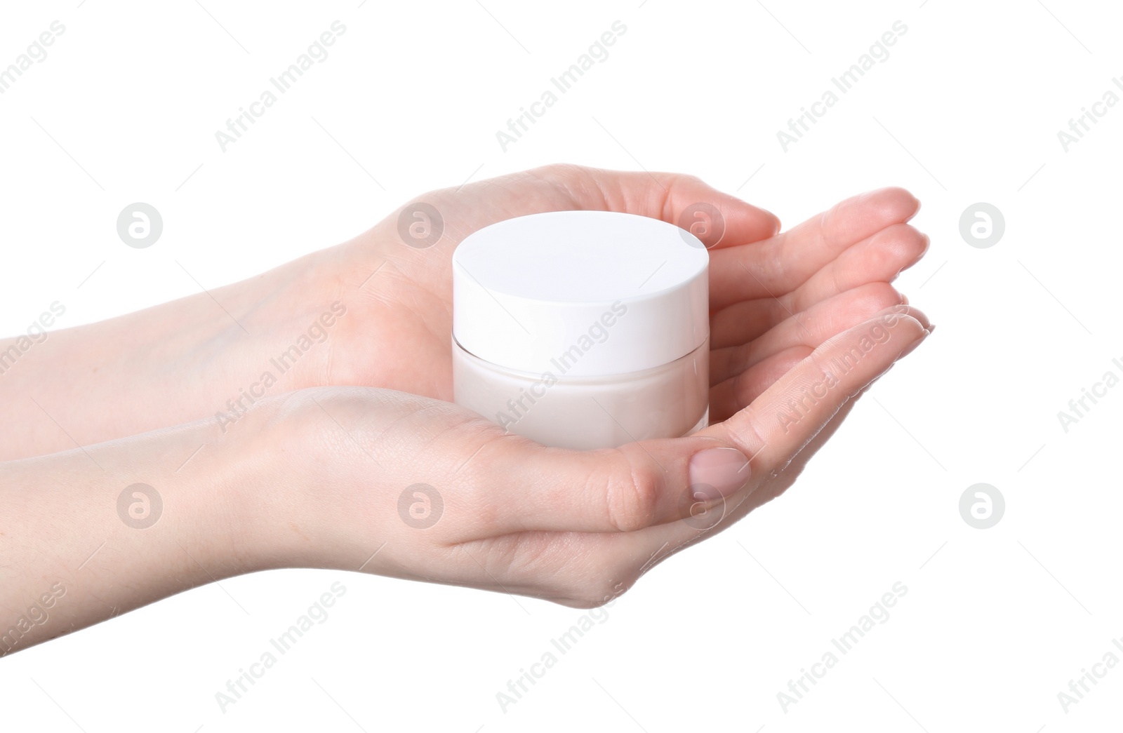 Photo of Woman with jar of cream isolated on white, closeup