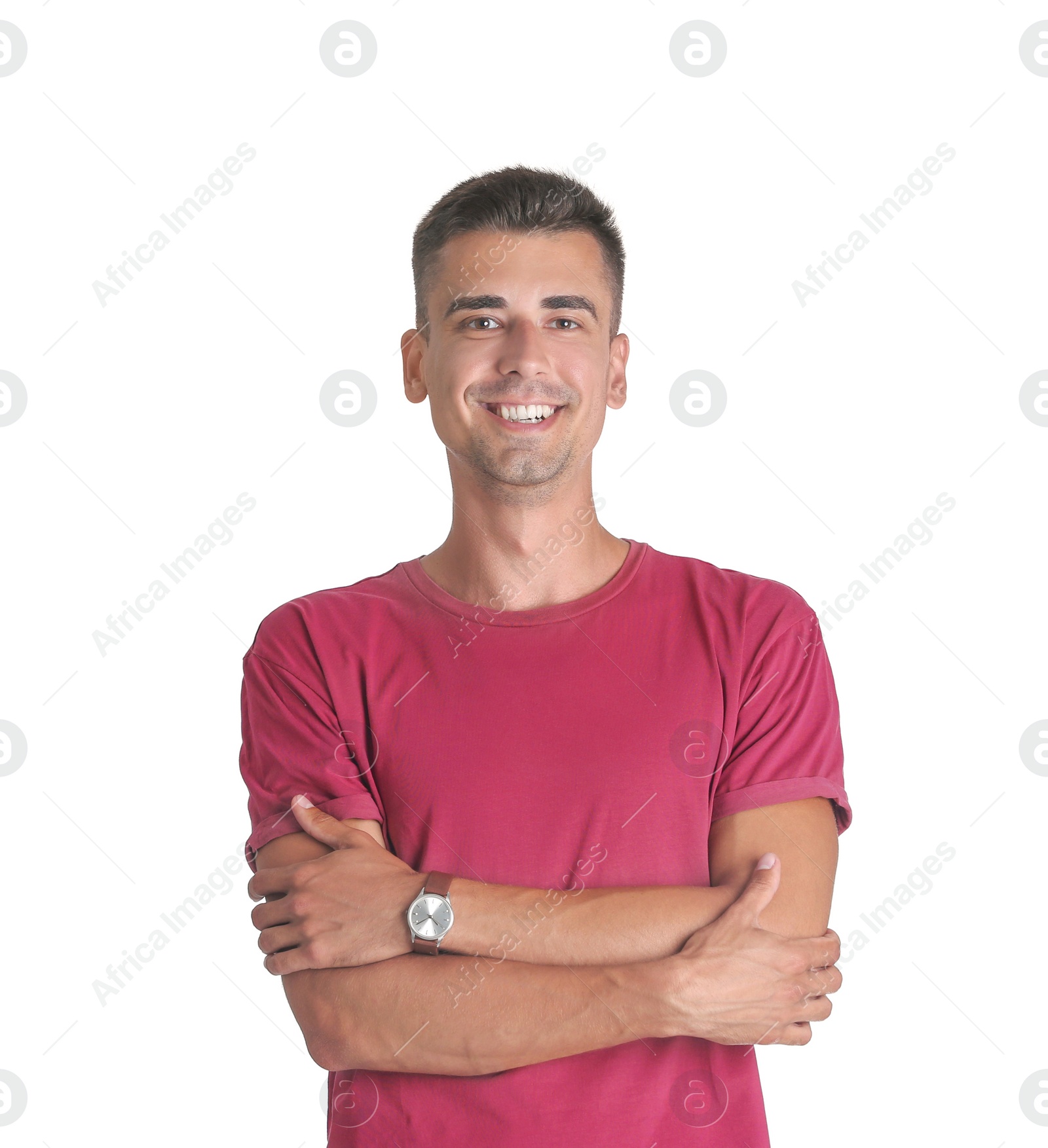 Photo of Handsome young man smiling on white background