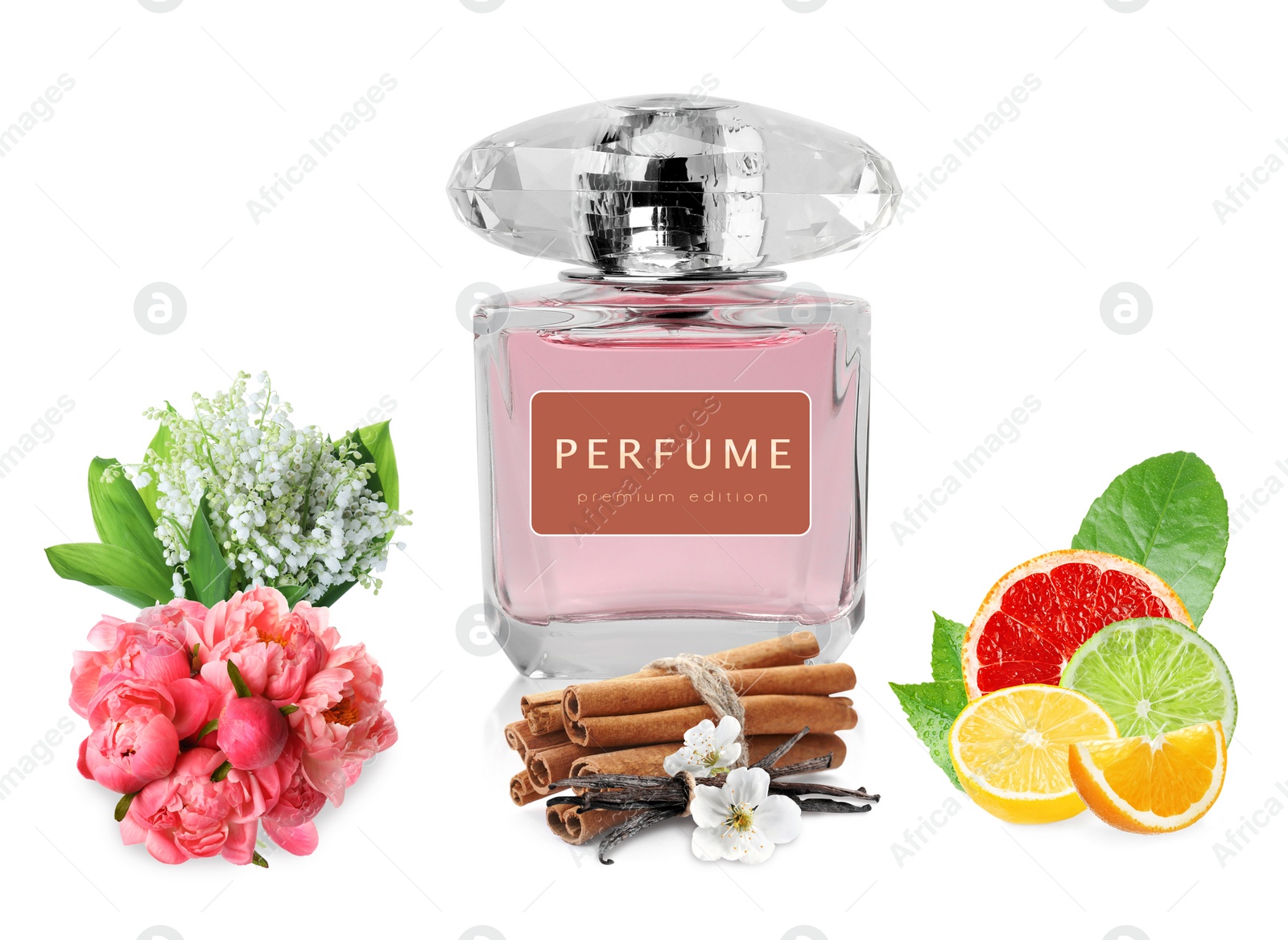 Image of Bottle of perfume, flowers and spices on white background, collage