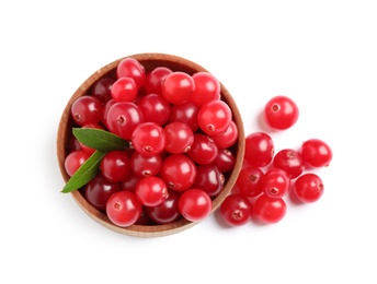 Photo of Fresh ripe cranberries with leaves on white background, top view