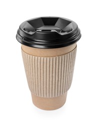 Paper cup with plastic lid isolated on white. Coffee to go