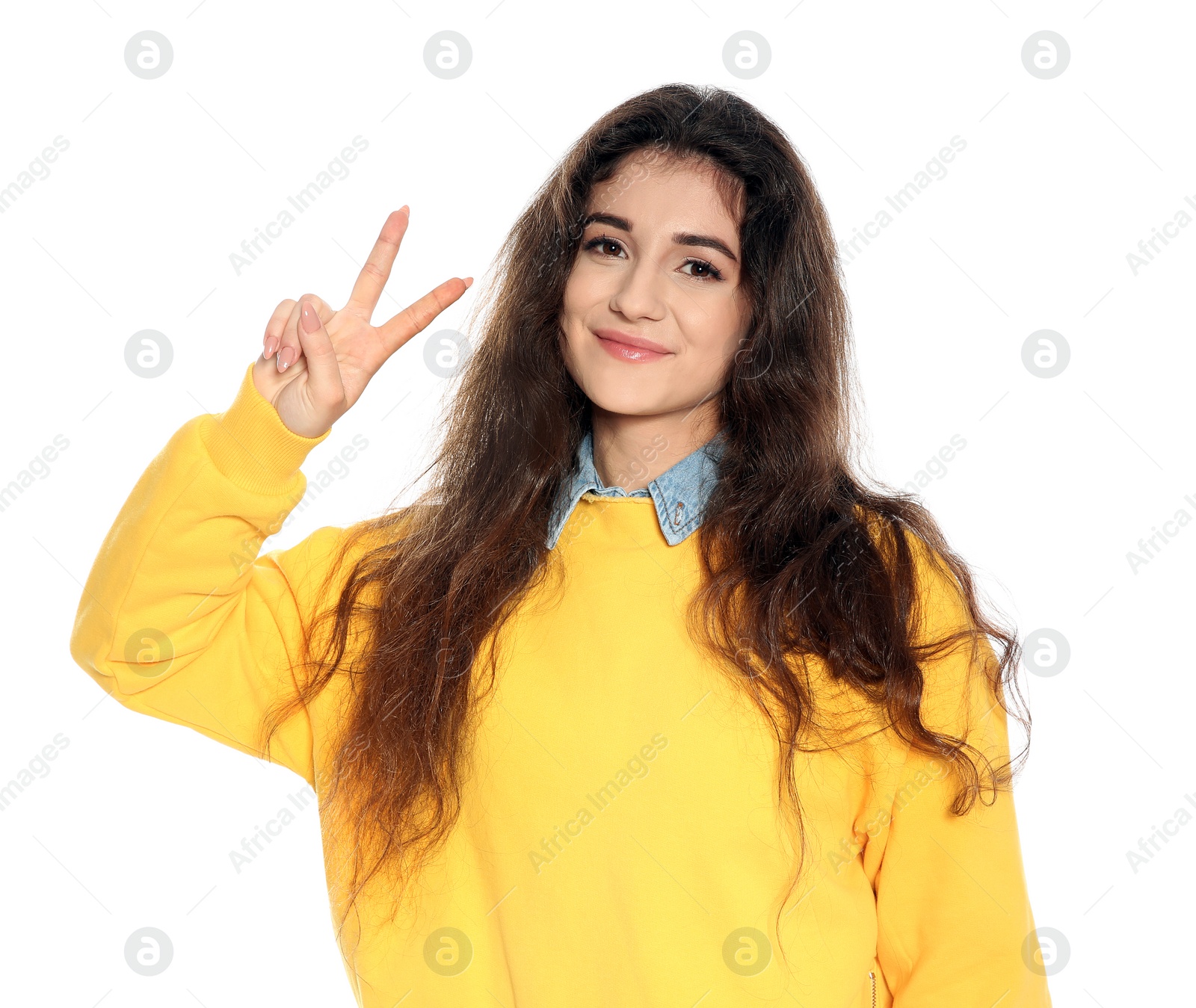 Photo of Beautiful young woman in stylish clothes on white background