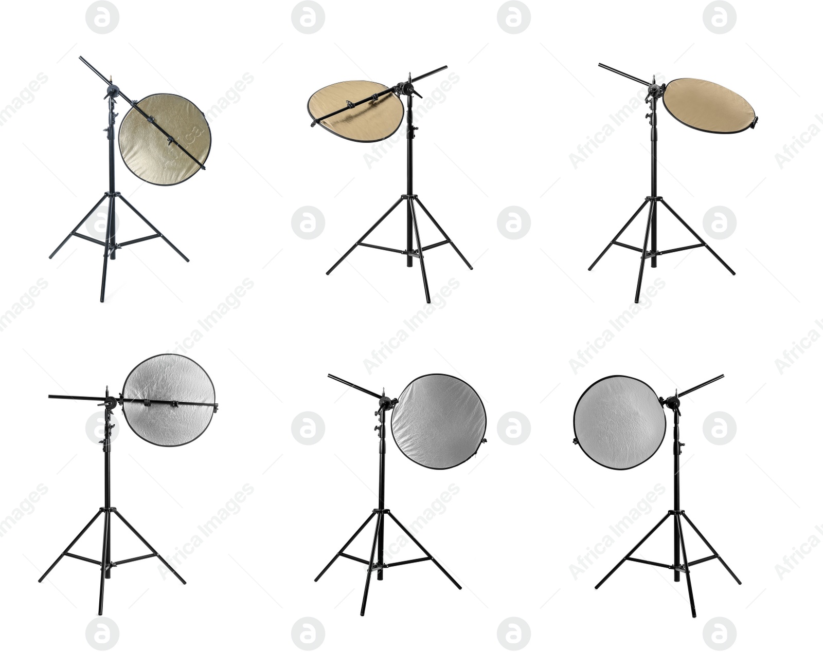 Image of Set of tripods with different reflectors on white background. Professional photographer's equipment