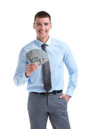 Photo of Handsome businessman with dollars on white background