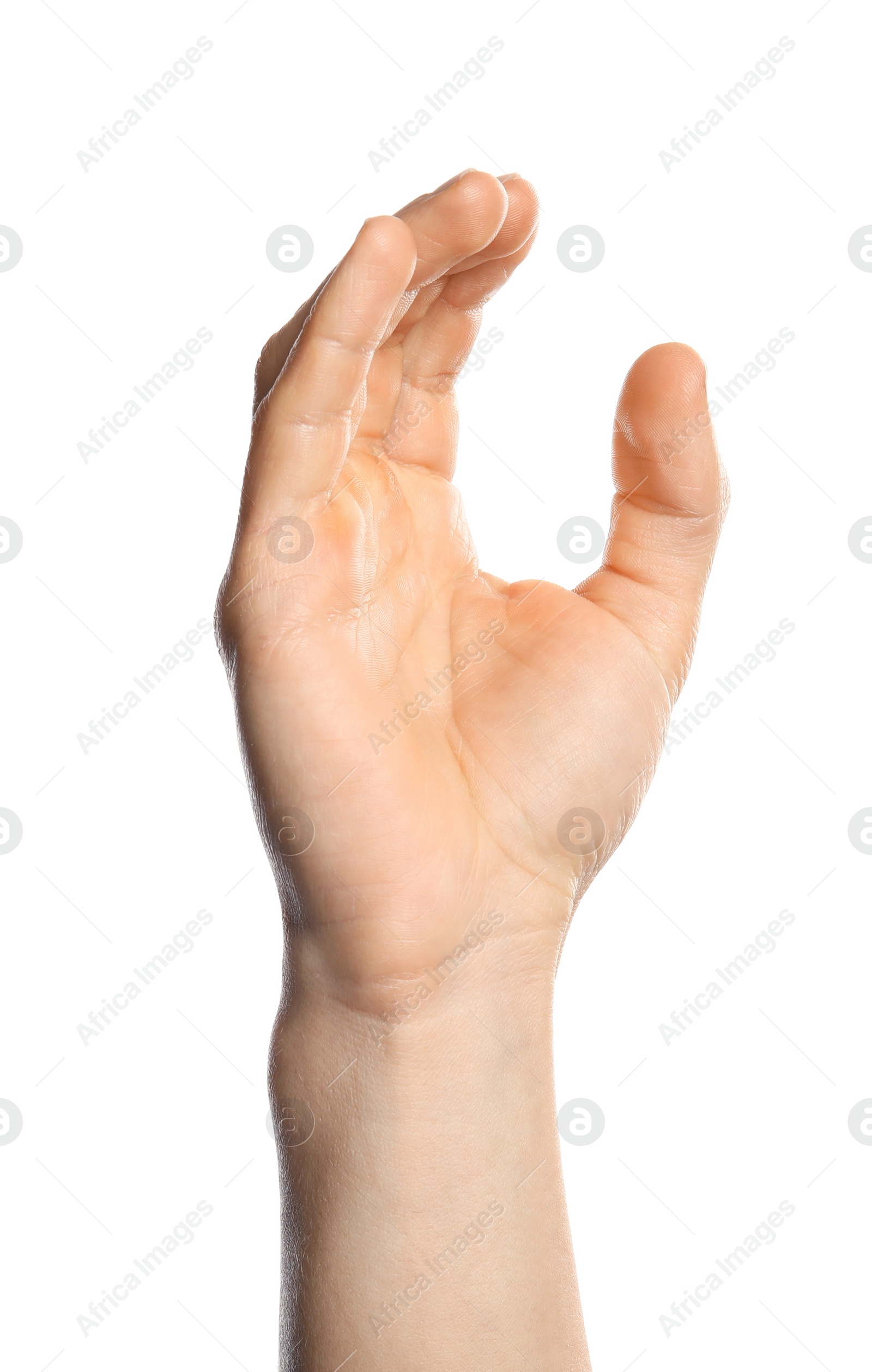 Photo of Man showing C letter on white background, closeup. Sign language
