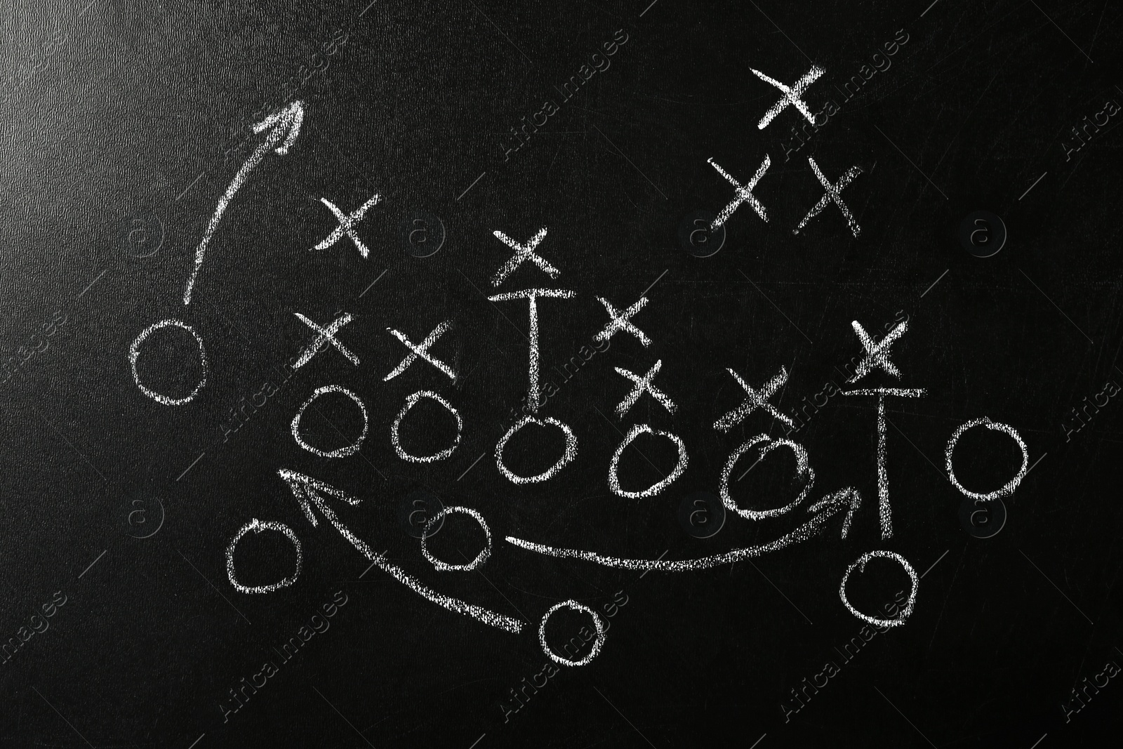 Photo of Chalkboard with scheme of football game. Team play and strategy