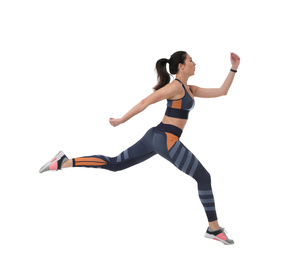 Photo of Athletic young woman running on white background, side view