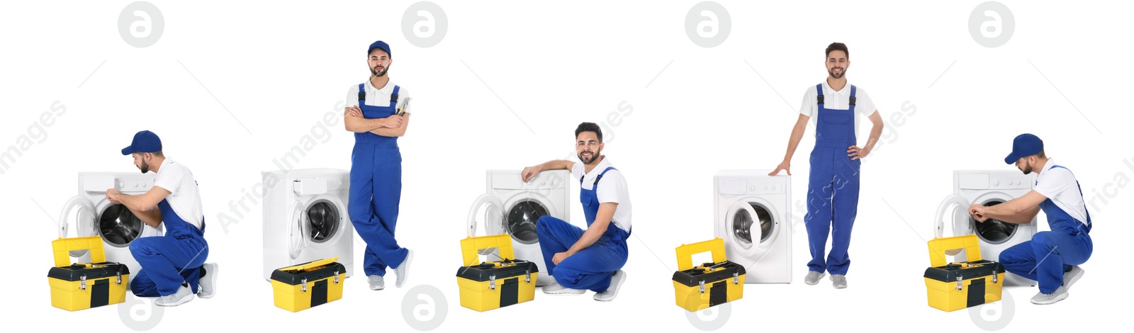 Image of Collage with photos of plumber on white background. Banner design 