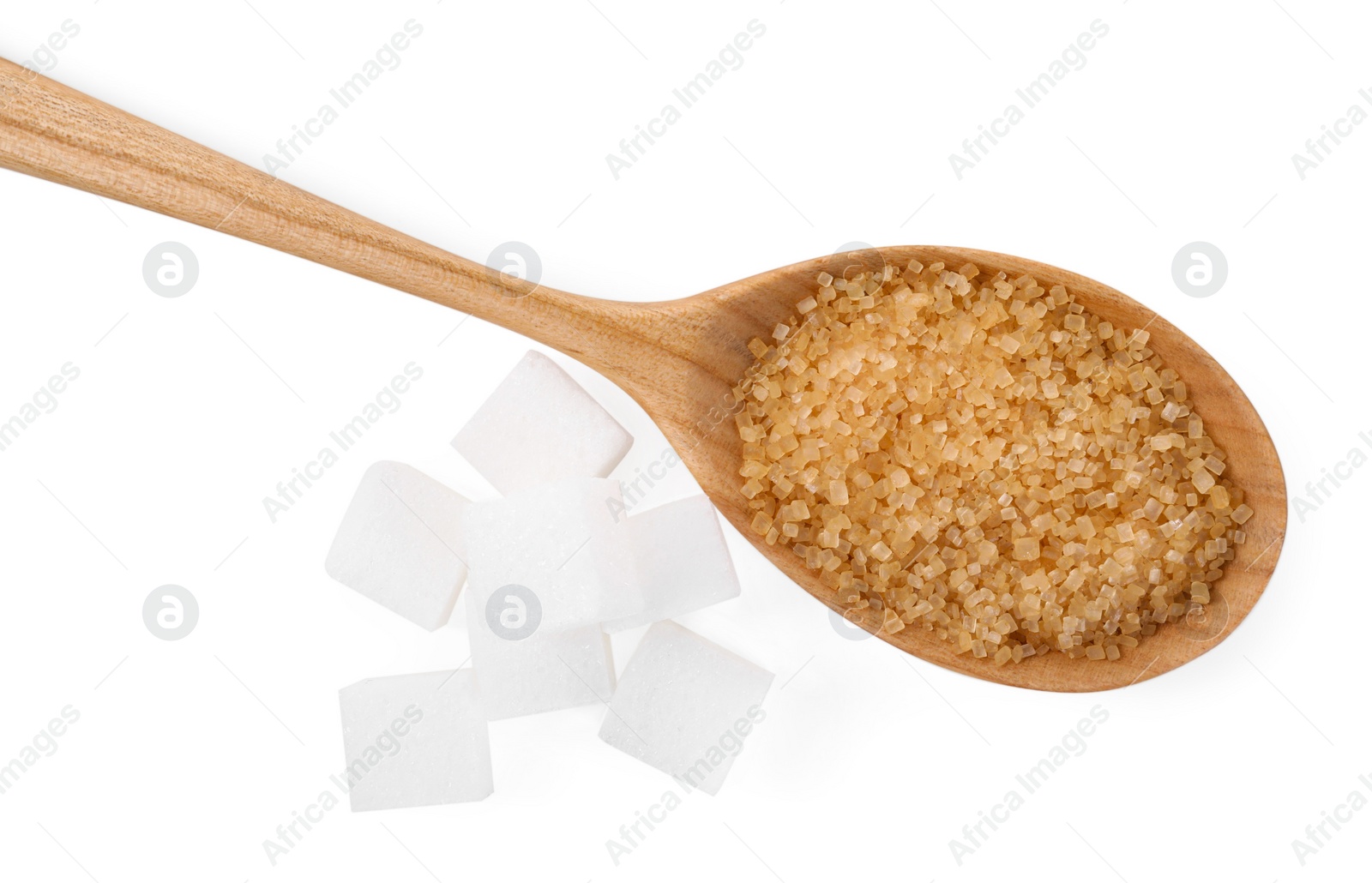 Photo of Different types of sugar and spoon isolated on white, top view