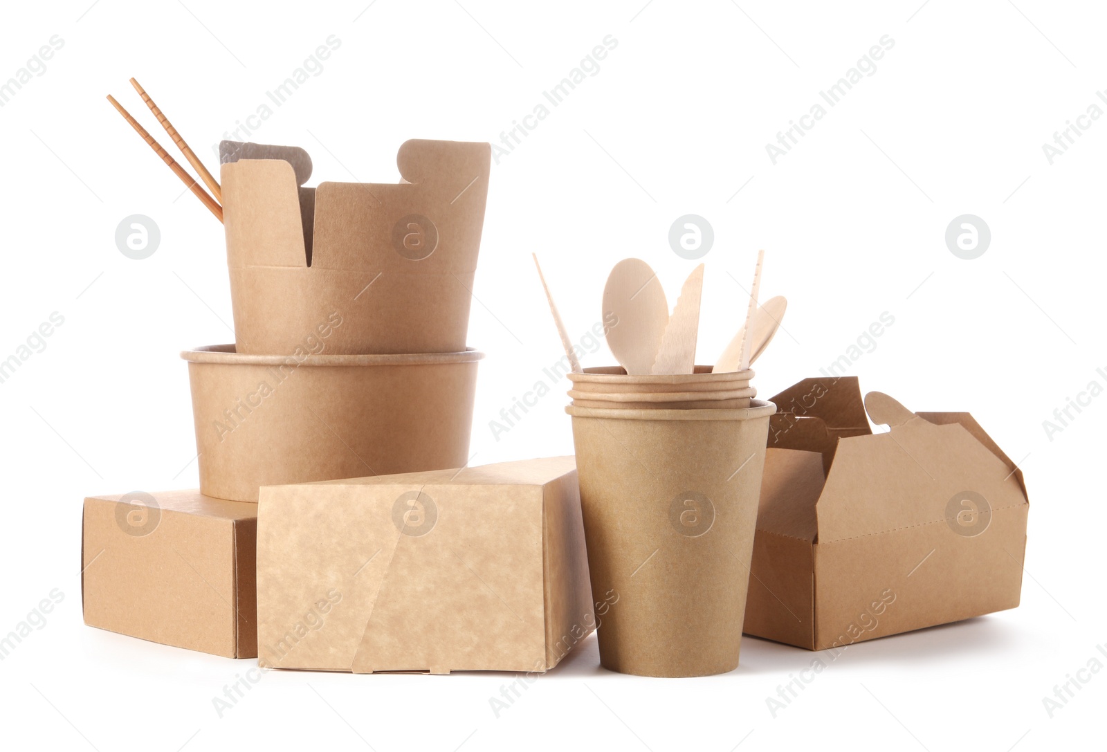 Photo of Eco friendly food packagings and wooden cutlery isolated on white