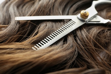 Photo of Thinning scissors on brown wavy hair, closeup. Hairdresser service