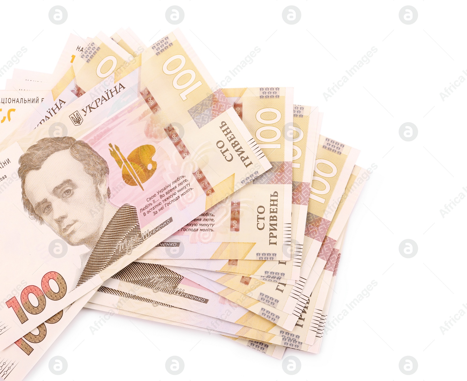 Photo of 100 Ukrainian Hryvnia banknotes on white background, top view
