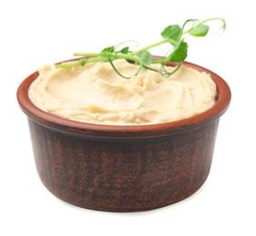 Photo of Bowl with delicious hummus isolated on white