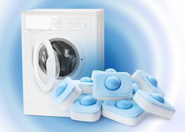 Image of Water softener tablets and modern washing machine on color background