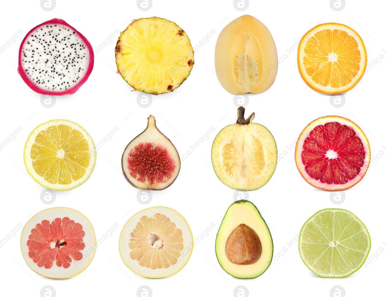 Image of Set with different tasty exotic fruits on white background