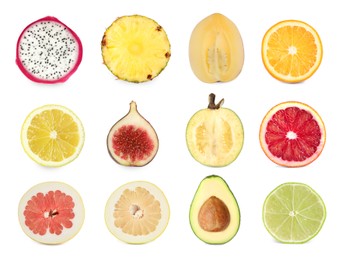 Set with different tasty exotic fruits on white background