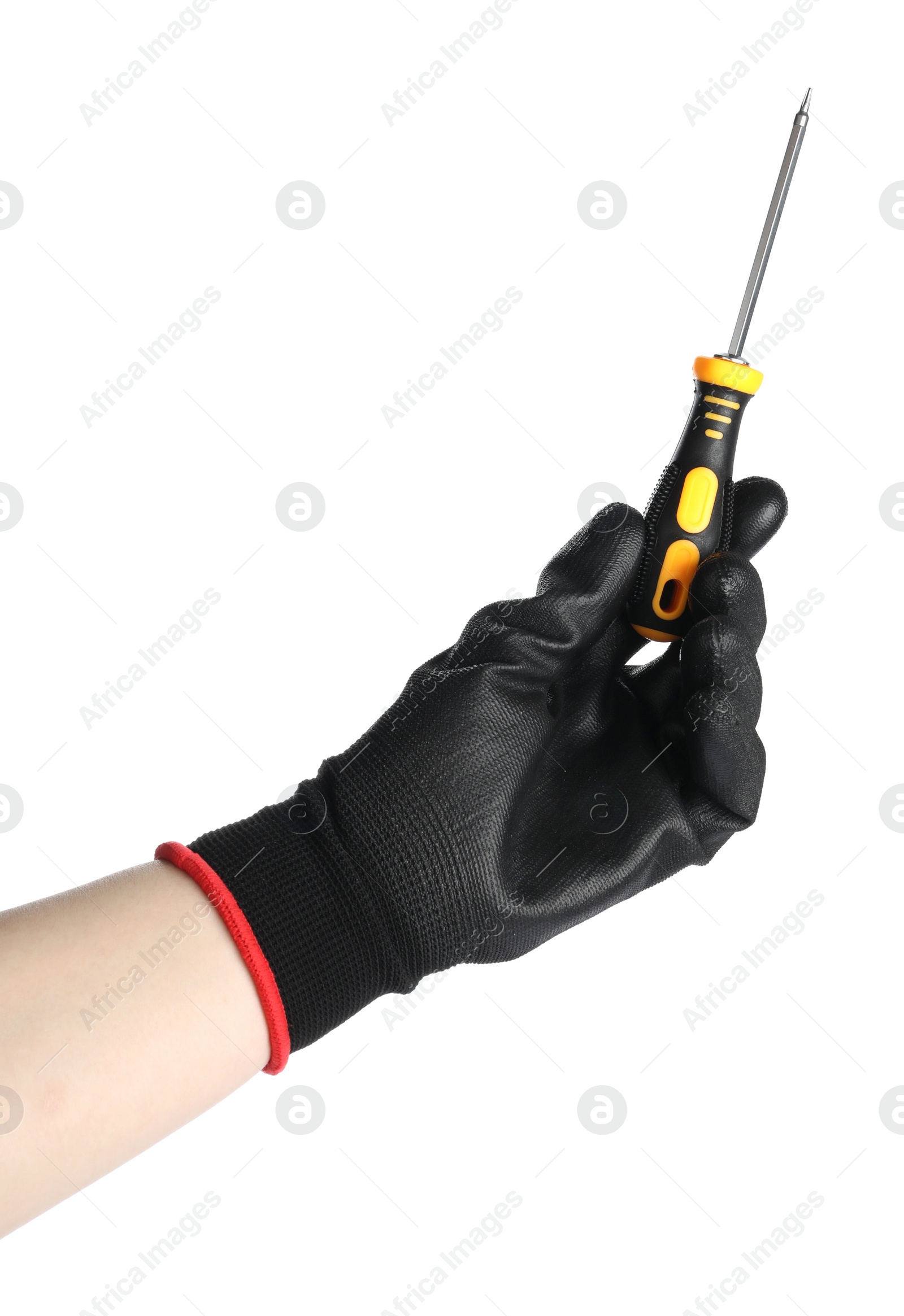 Photo of Woman holding screwdriver on white background, closeup