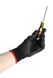 Photo of Woman holding screwdriver on white background, closeup