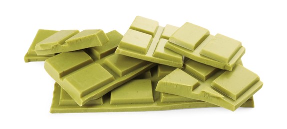 Photo of Pieces of tasty matcha chocolate bar isolated on white