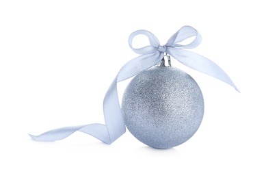Photo of Beautiful silver Christmas ball with ribbon isolated on white