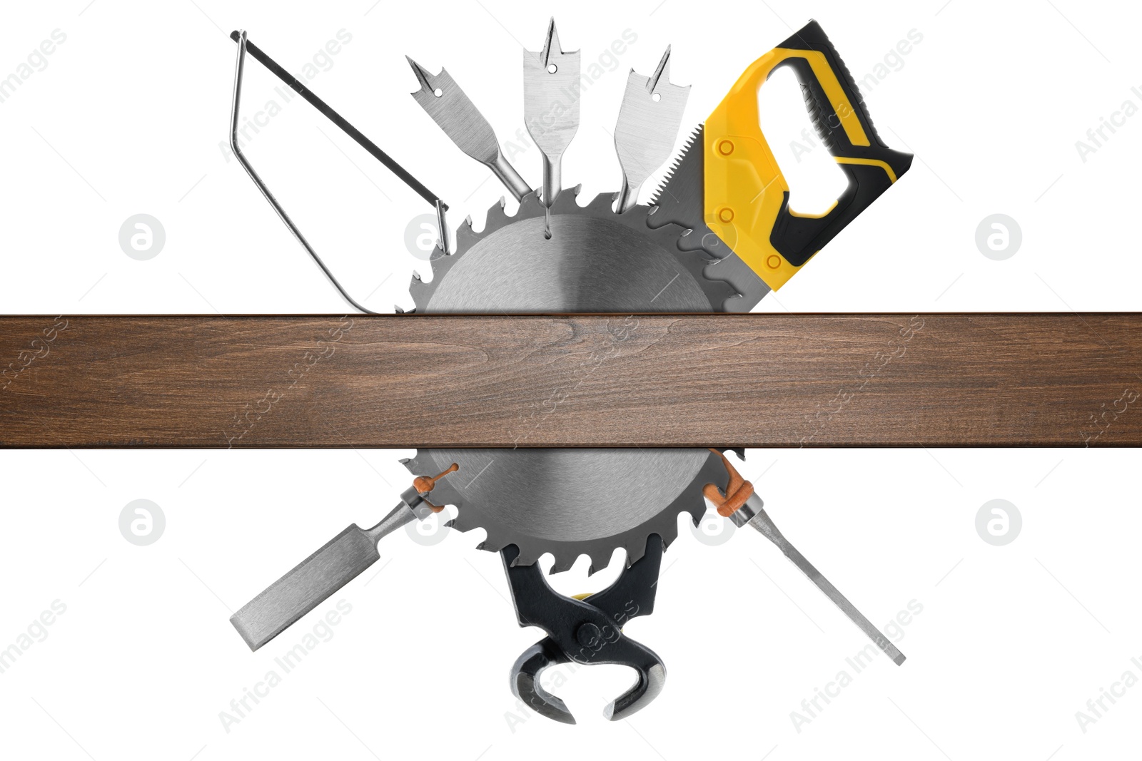 Image of Carpentry tools and wooden surface on white background, collage