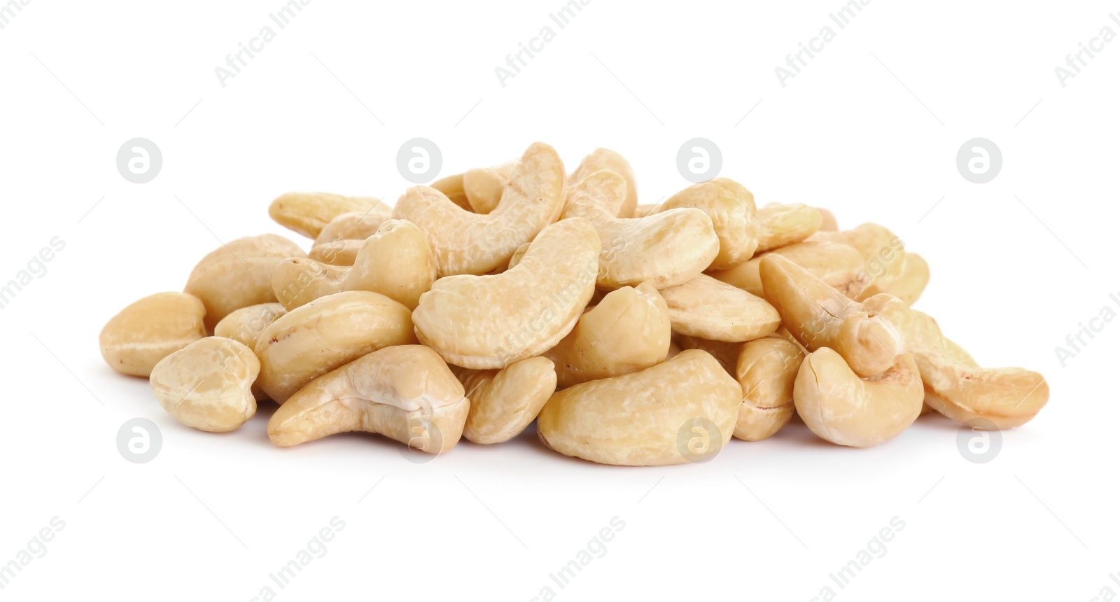 Photo of Pile of tasty organic cashew nuts isolated on white