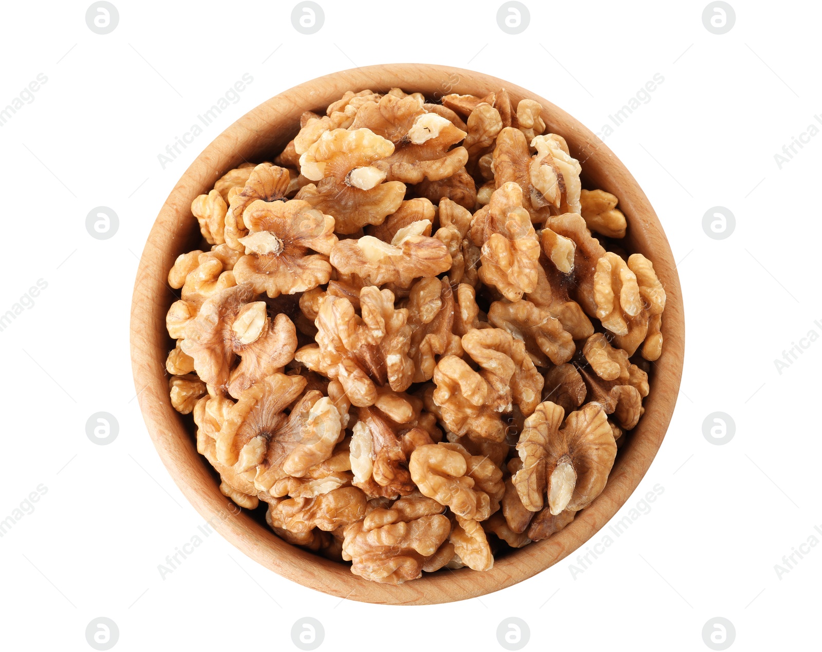 Photo of Bowl with walnuts on white background, top view