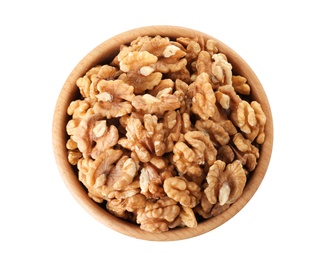 Bowl with walnuts on white background, top view