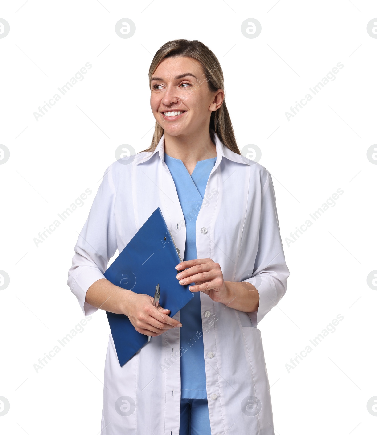 Photo of Portrait of happy doctor with clipboard on white background