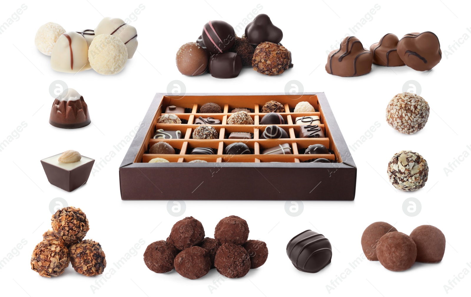 Image of Set with different chocolate candies on white background