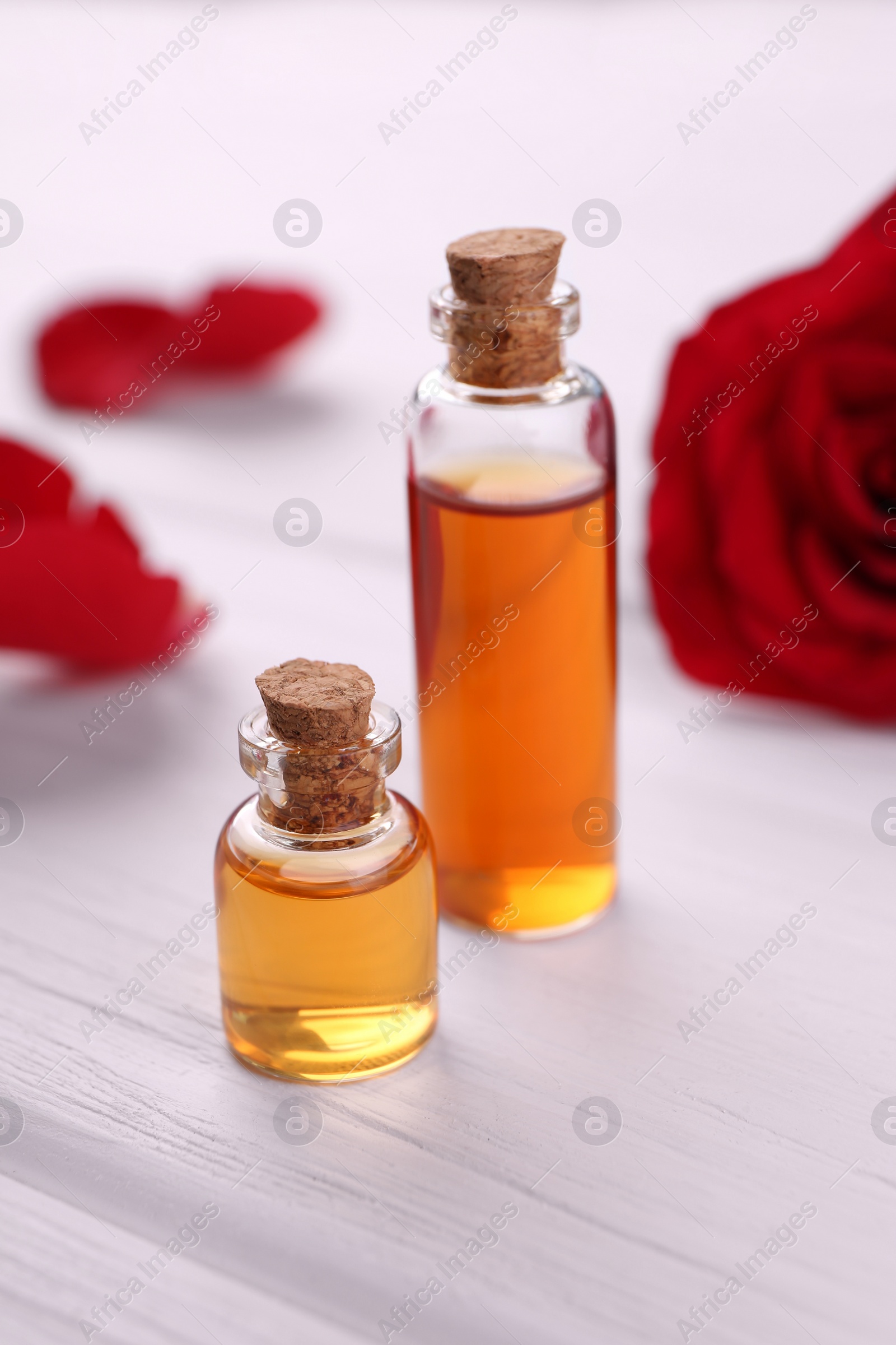 Photo of Bottles of essential oil on white wooden table, closeup