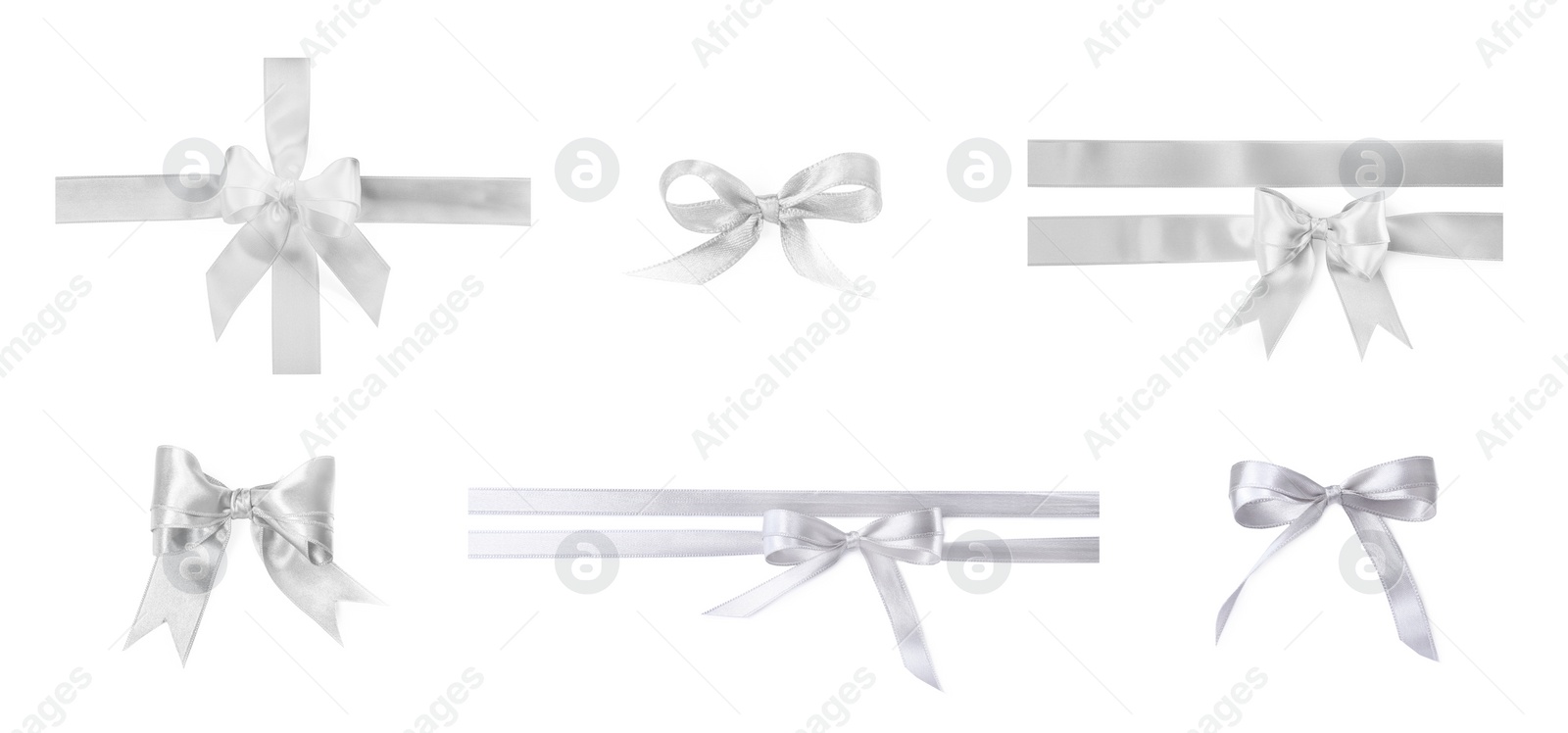 Image of White satin ribbon and bows isolated on white, set