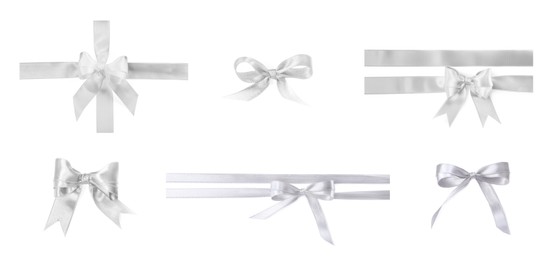 Image of White satin ribbon and bows isolated on white, set