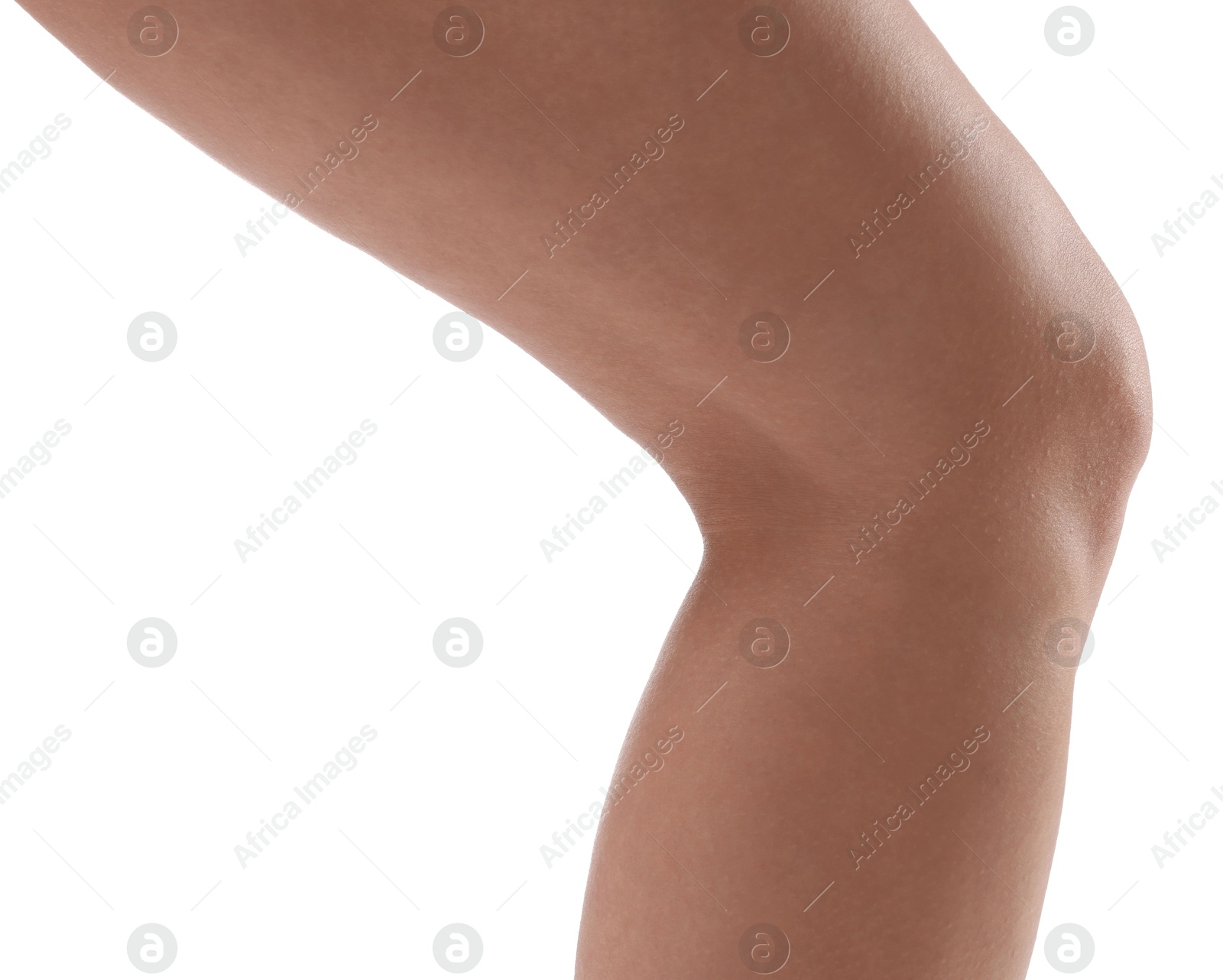 Photo of Woman with slim legs on white background, closeup