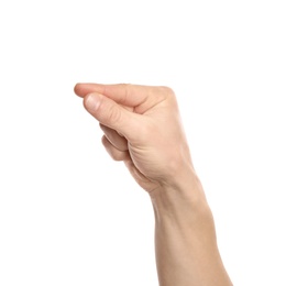 Photo of Man showing G letter on white background, closeup. Sign language