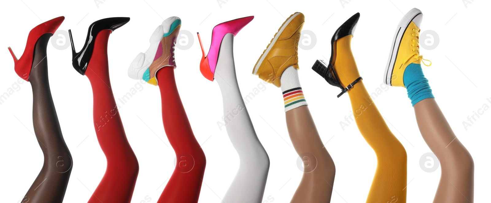 Image of Collage with photos of women showing fashionable collections of stylish shoes, tights and socks on white background, closeup view of legs. Banner design