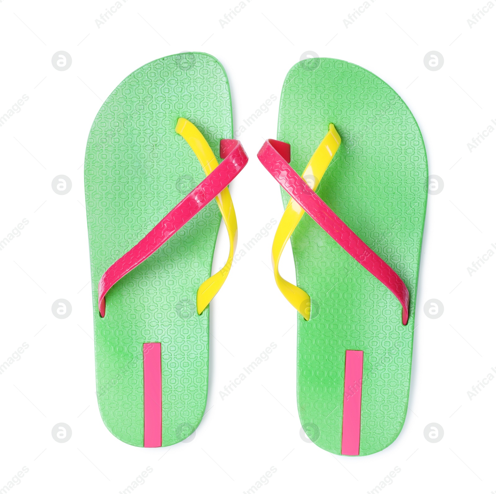 Photo of Pair of green flip flops isolated on white, top view