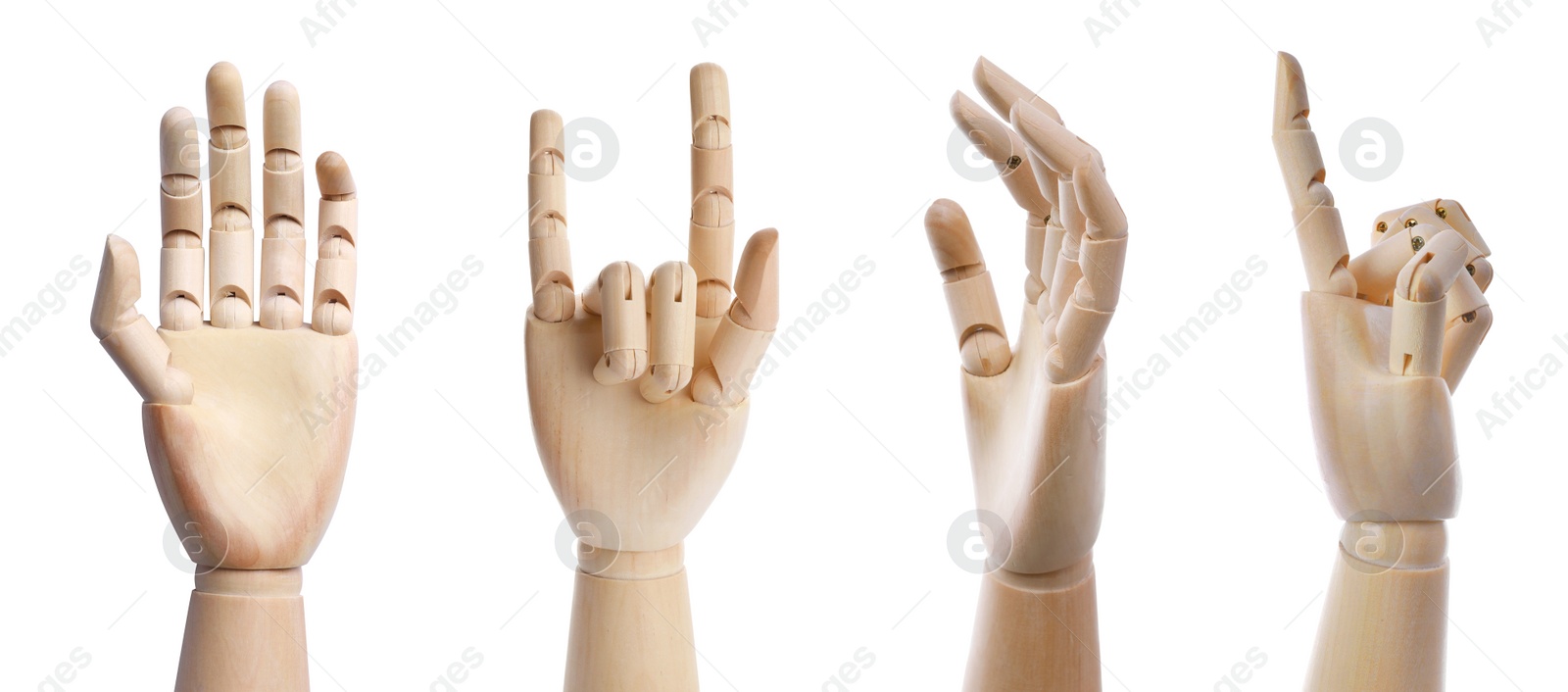 Image of Set with wooden hands of mannequins showing different gestures on white background. Banner design