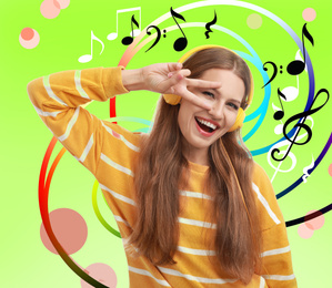 Young woman listening to music with headphones on color background. Bright notes illustration