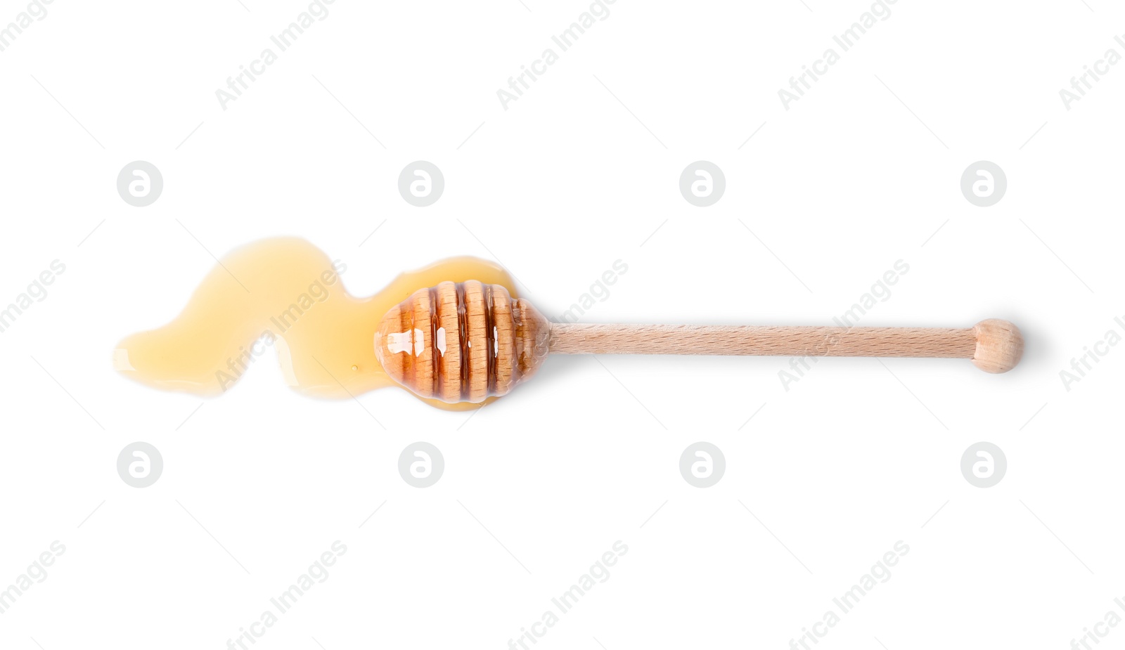 Photo of Wooden dipper and fresh honey on white background, top view