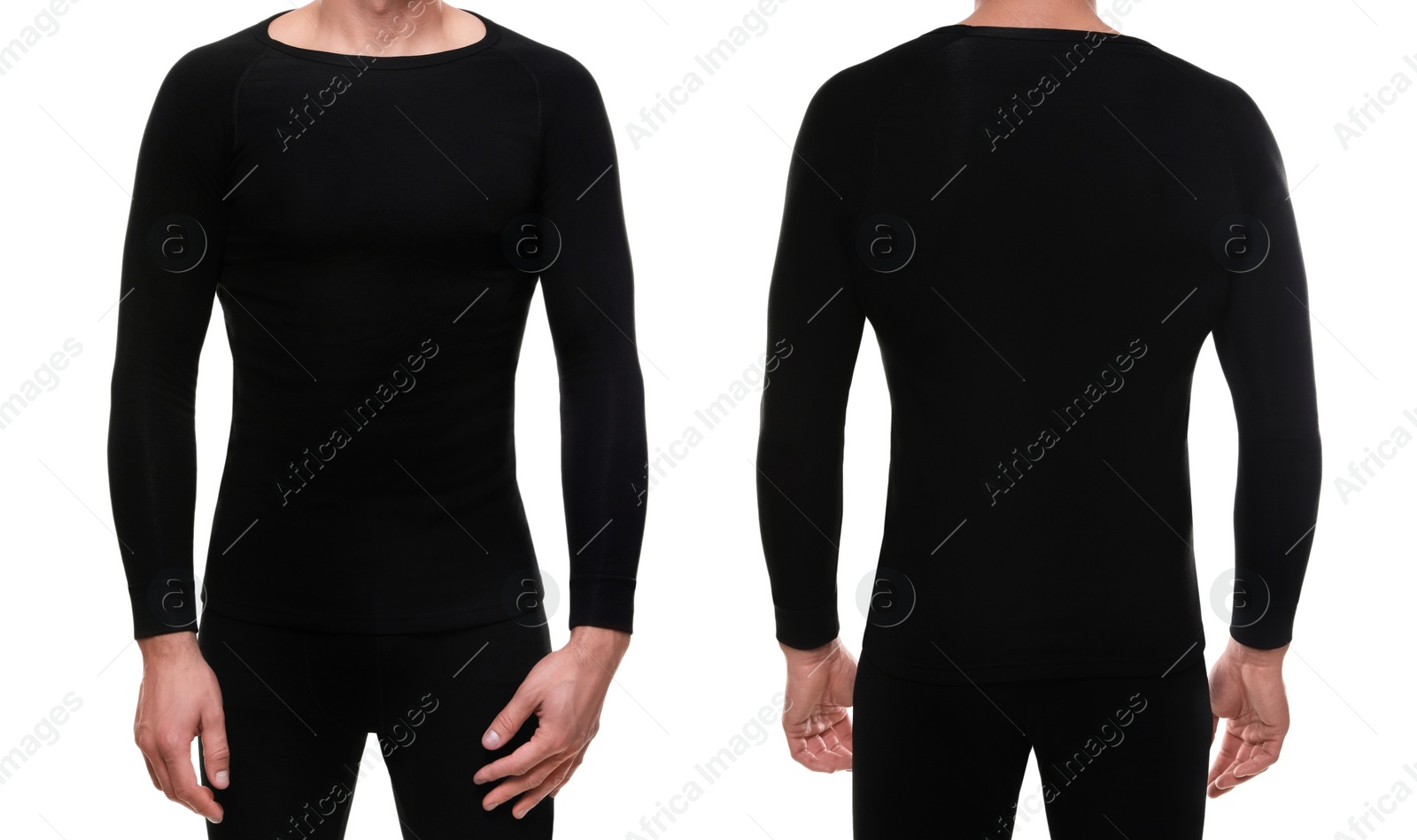 Image of Collage of man wearing thermal underwear isolated on white, closeup