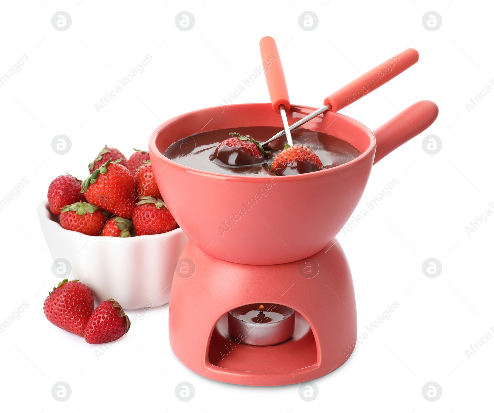 Photo of Fondue pot with chocolate and fresh strawberries isolated on white