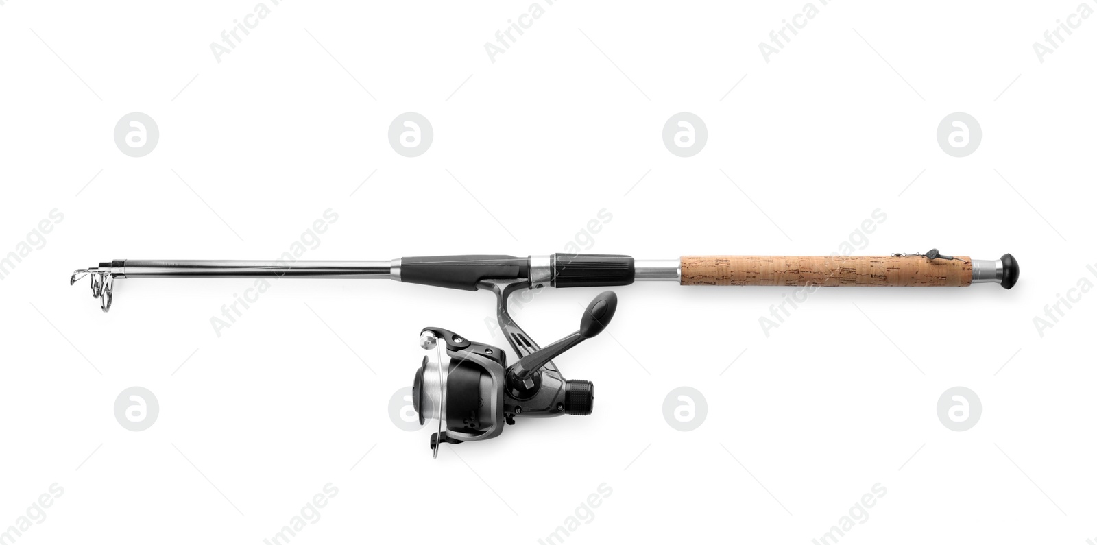 Photo of Modern fishing rod with reel on white background, top view