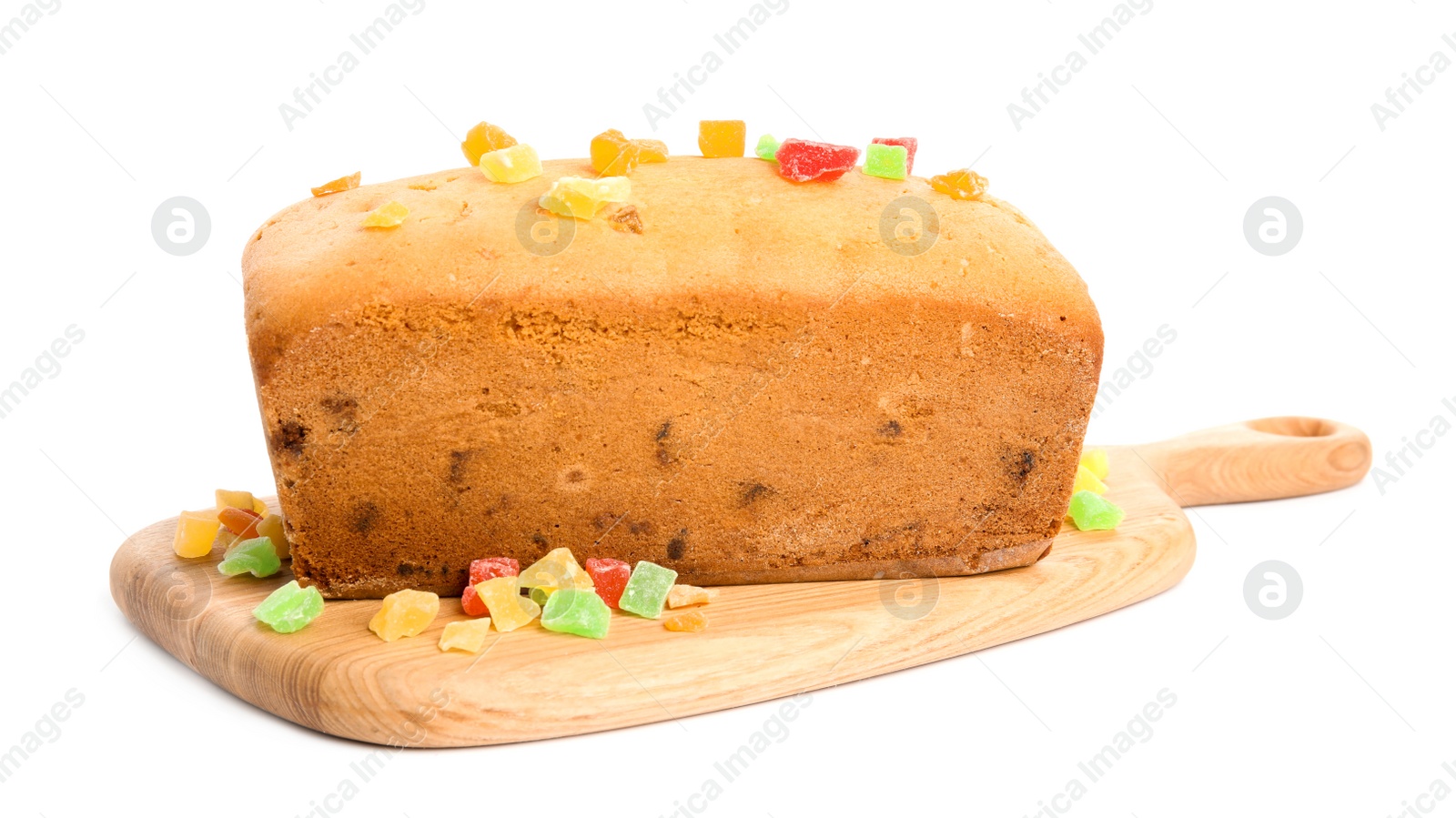 Photo of Delicious cake with candied fruits on white background