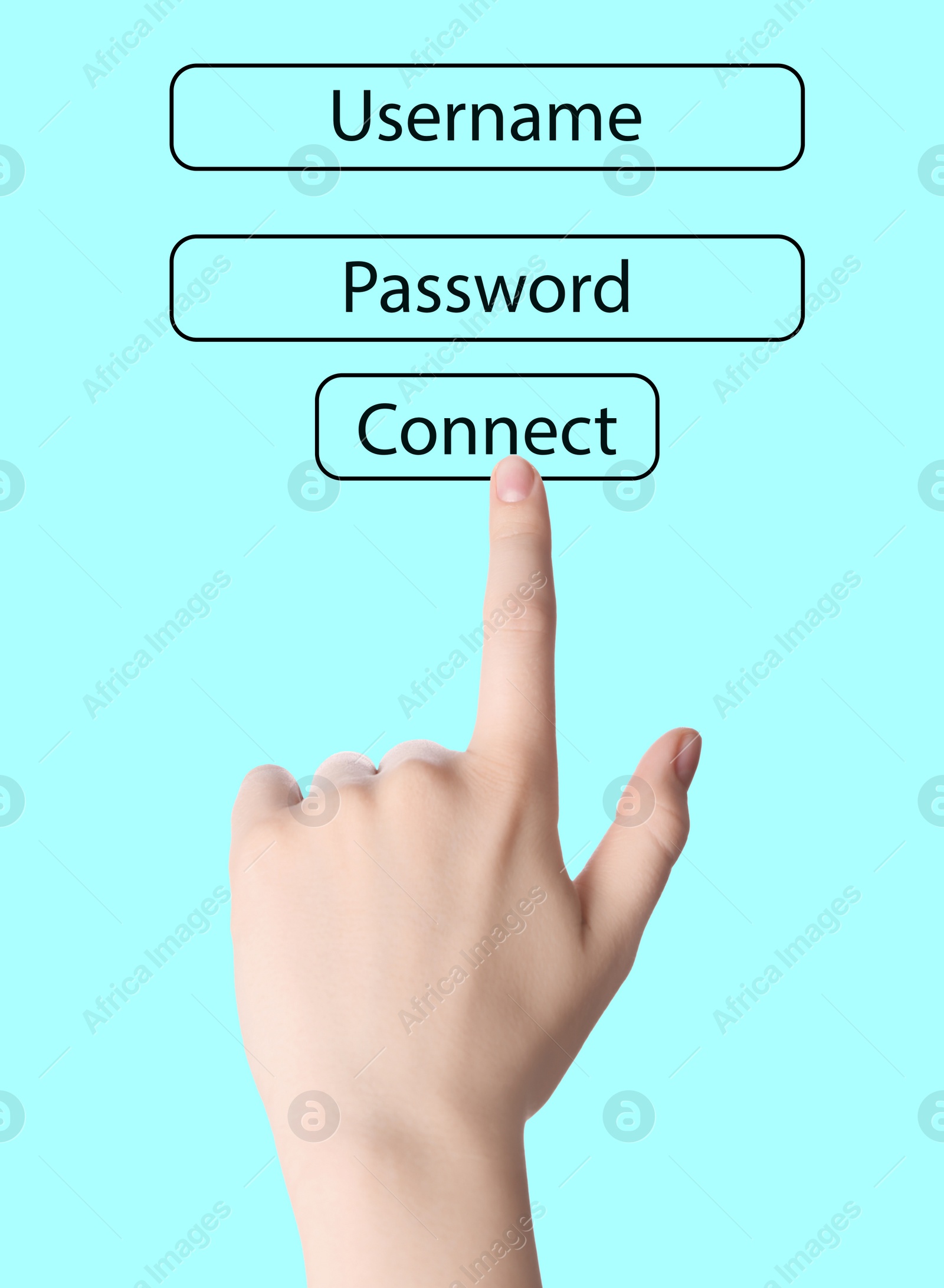 Image of Illustration of authorization interface and woman pressing button CONNECT on cyan background, closeup