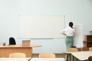 Photo of Female teacher writing on flip chart in classroom