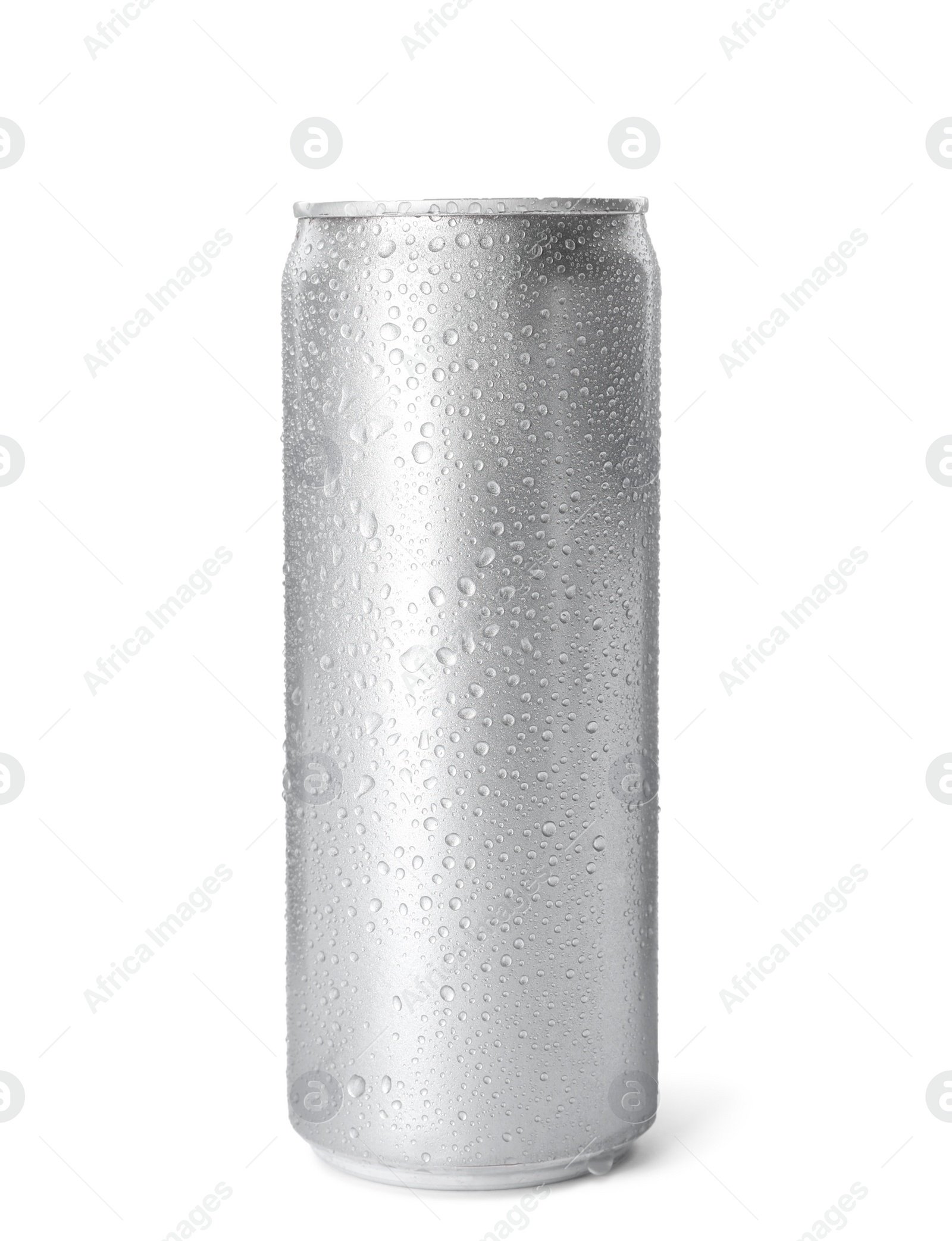 Photo of Empty aluminum can with beverage on white background. Mockup for design