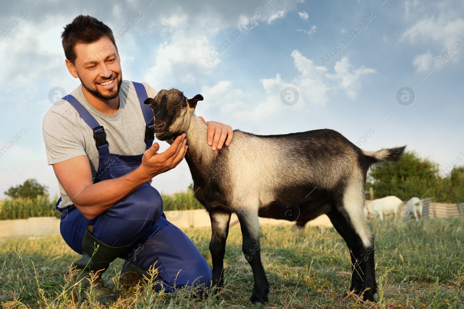 Photo of Farmer with cute goatling outdoors. Baby animal