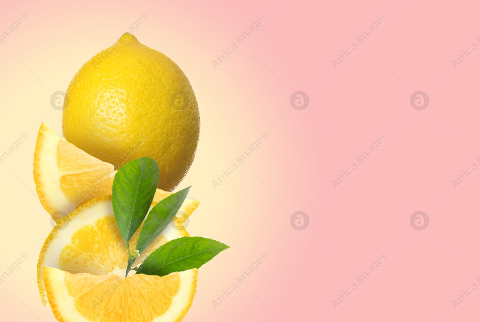 Image of Cut and whole fresh lemons with green leaves on pink background, space for text